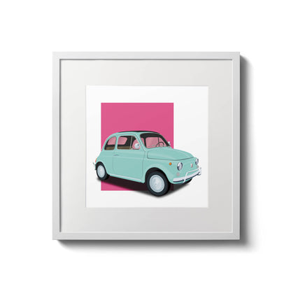 Contemporary framed illustration of the classic 1960s Fiat 500 Cinquecento in perfect baby blue with pink background, measuring 20 x 20cm