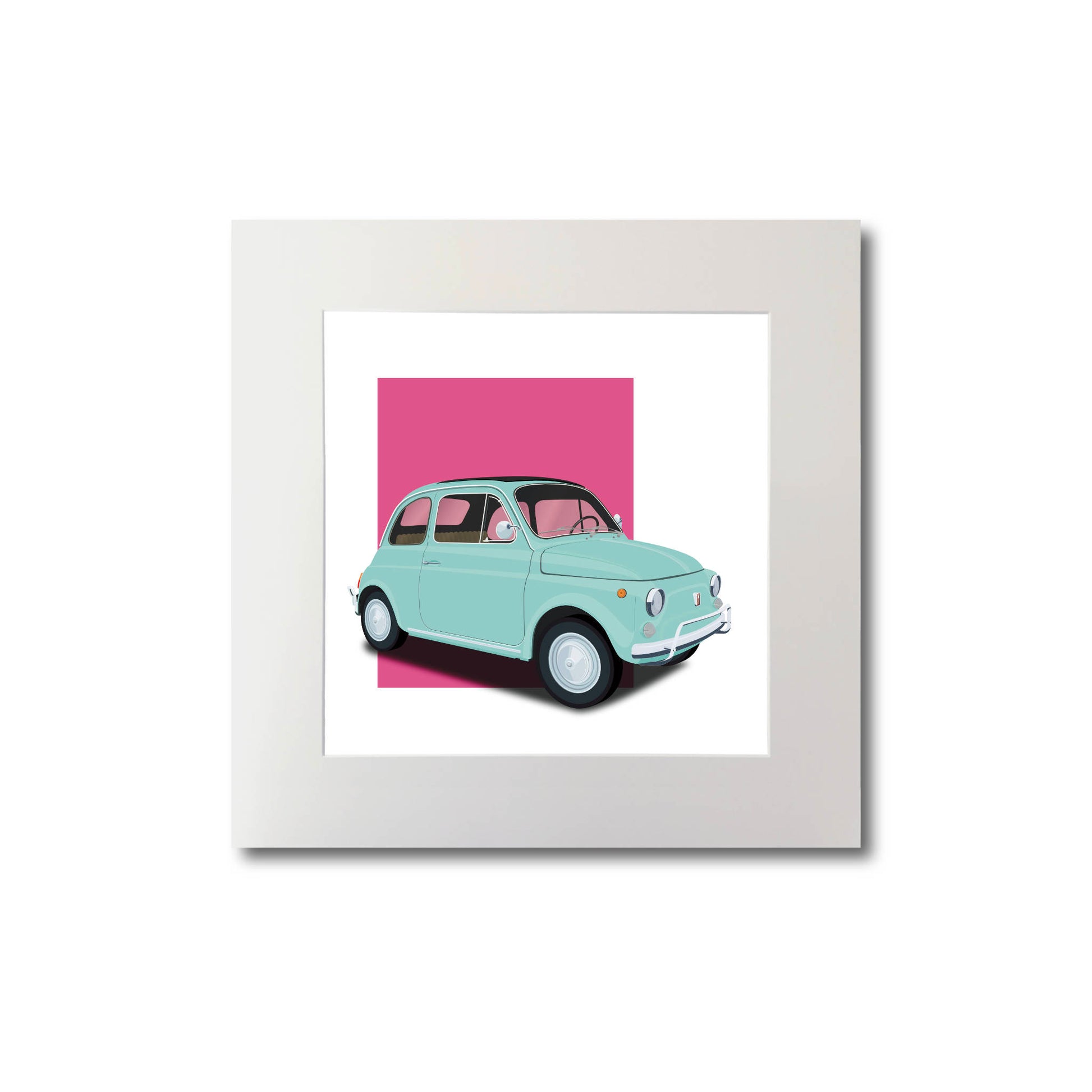 Stylish illustration of the classic 1960s Fiat 500 Cinquecento in perfect baby blue with pink background, measuring 20 x 20cm
