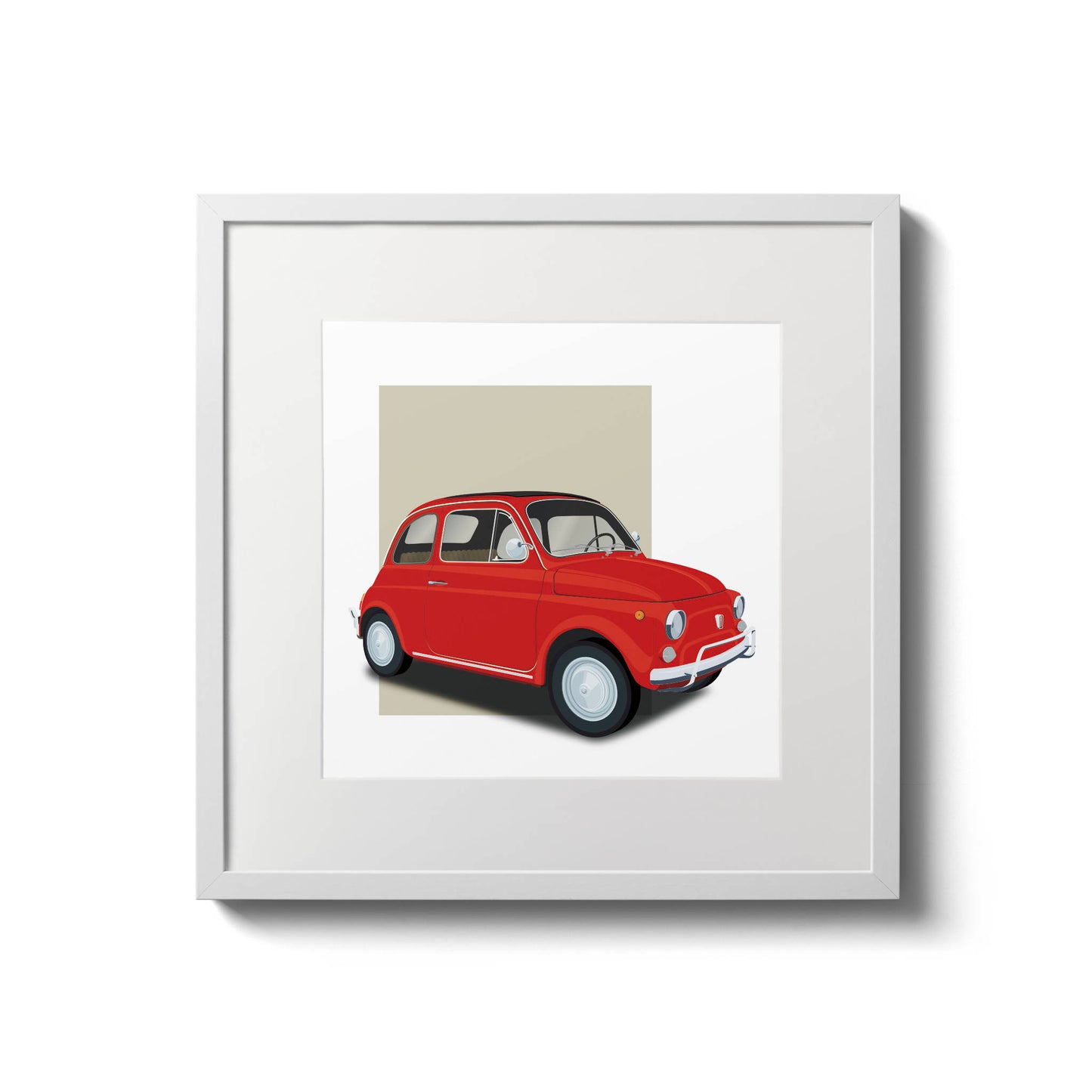 Modern illustration of the classic 1960s Fiat 500 Cinquecento in a gorgeous red colour with dark background, measuring 20 x 20cm