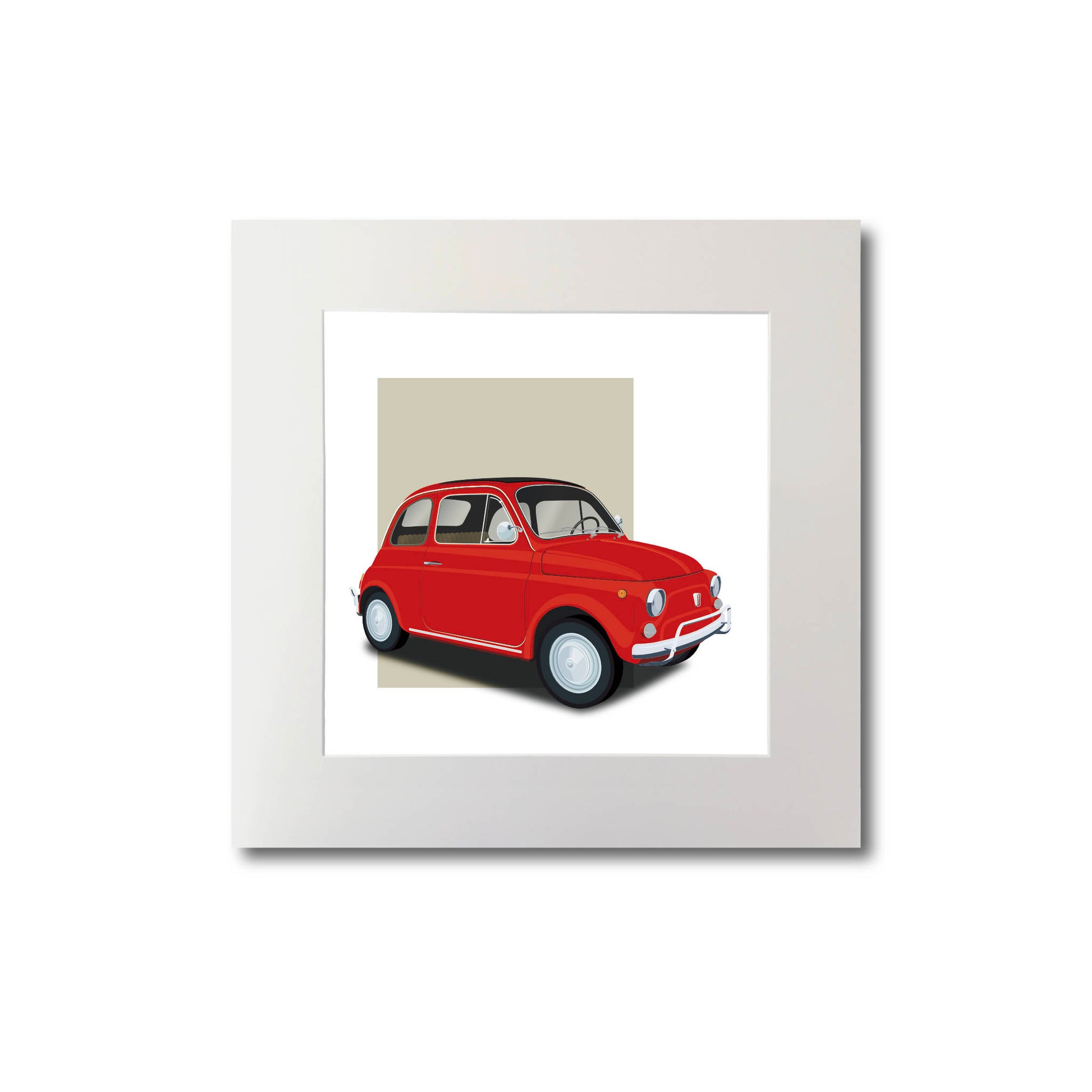 Modern illustration of the classic 1960s Fiat 500 Cinquecento in gorgeous red with dark background, measuring 20 x 20cm
