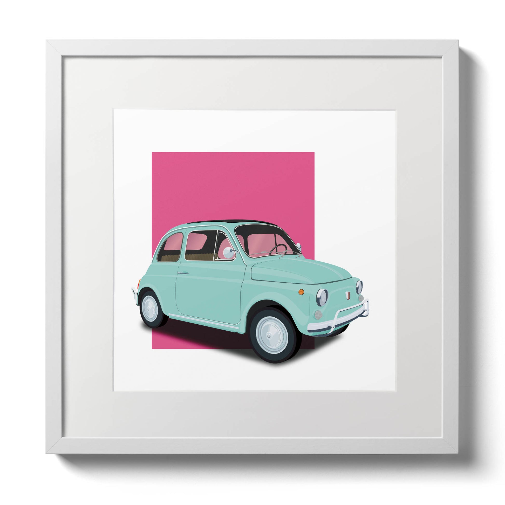 Contemporary framed illustration of the classic 1960s Fiat 500 Cinquecento in perfect baby blue with pink background, measuring 30 x 30cm