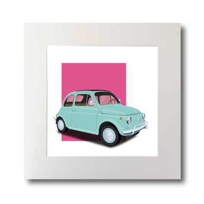 Stylish illustration of the classic 1960s Fiat 500 Cinquecento in perfect baby blue with pink background, measuring 30 x 30cm
