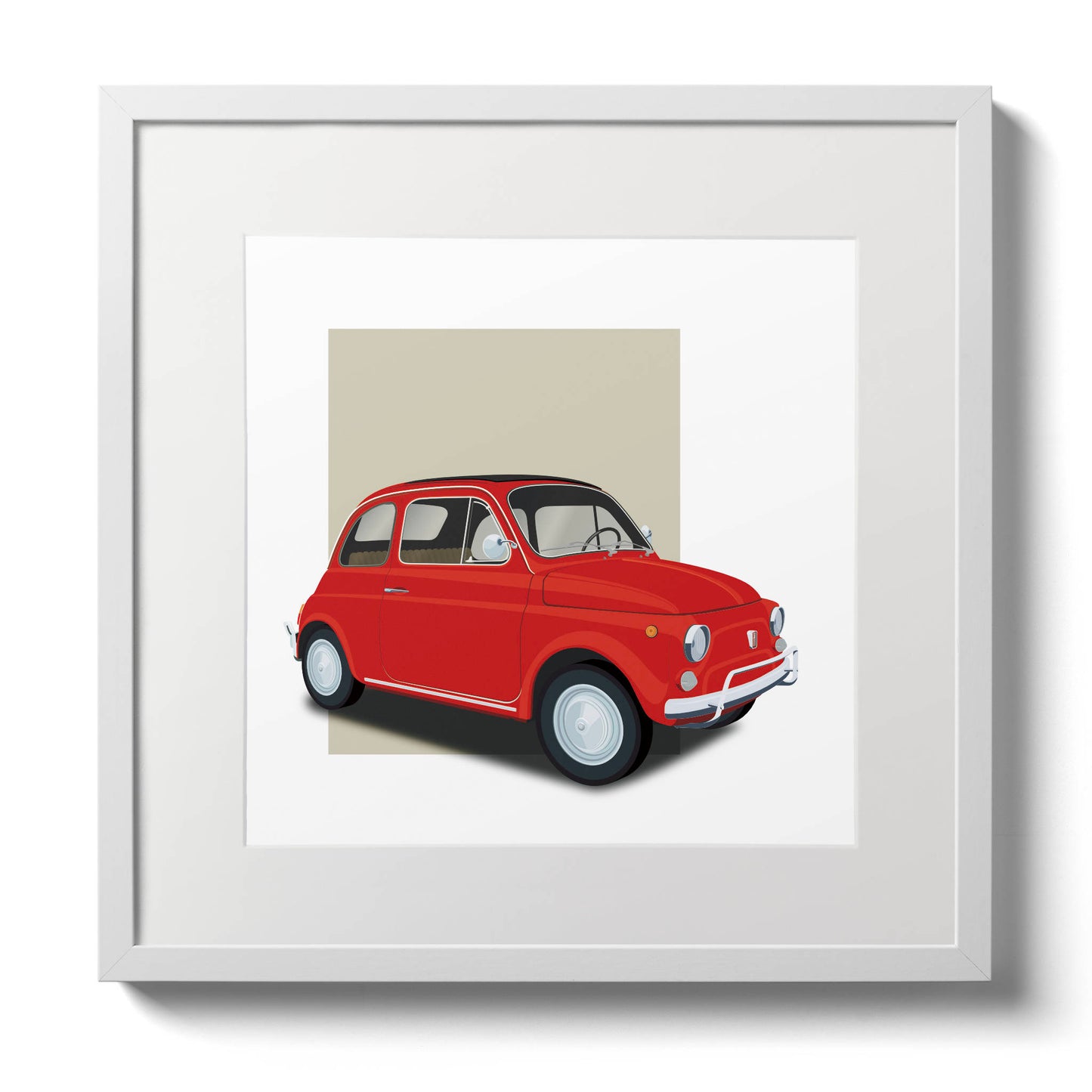 Modern illustration of the classic 1960s Fiat 500 Cinquecento in a gorgeous red colour with dark background, measuring 30 x 30cm