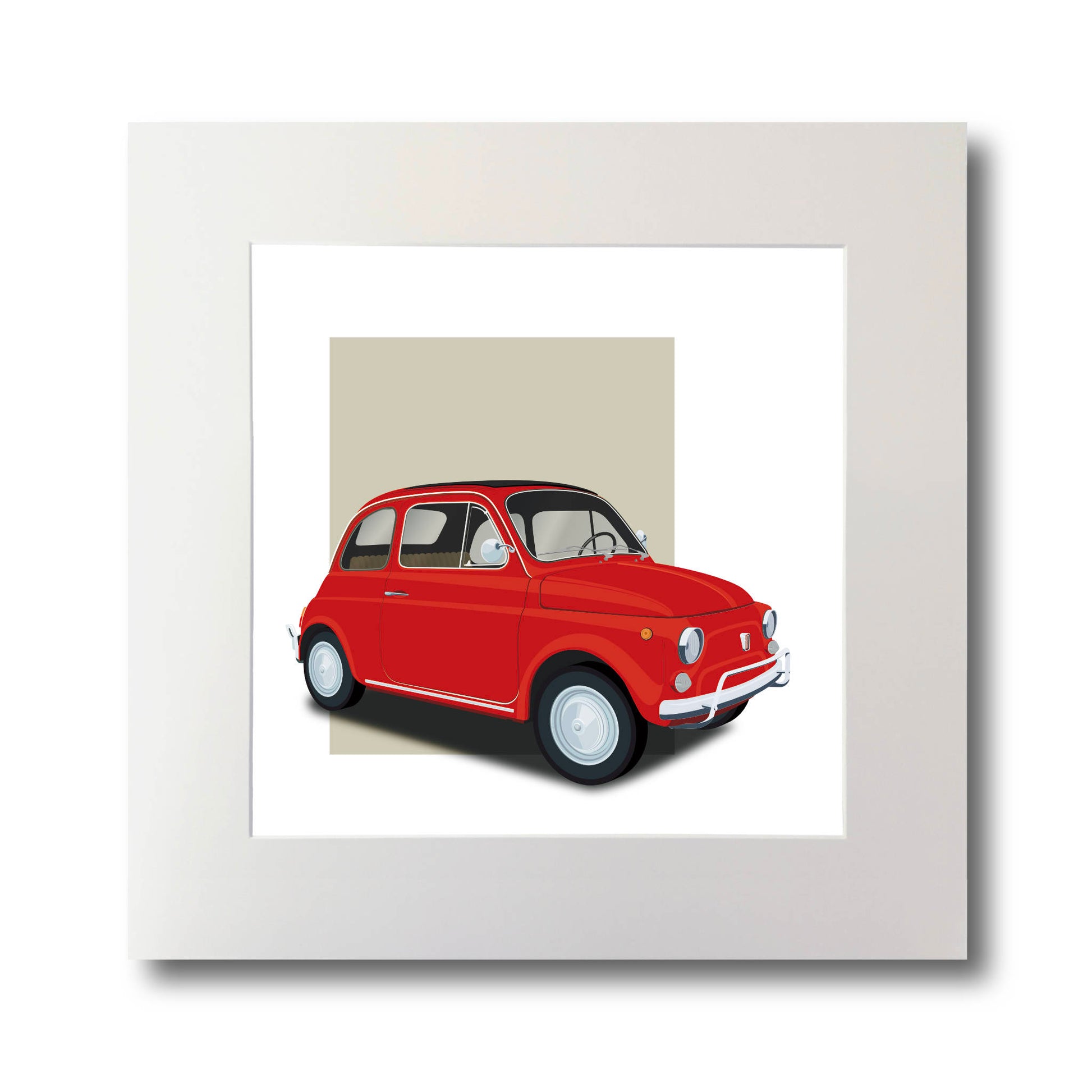 Modern illustration of the classic 1960s Fiat 500 Cinquecento in gorgeous red with dark background, measuring 30 x 30cm