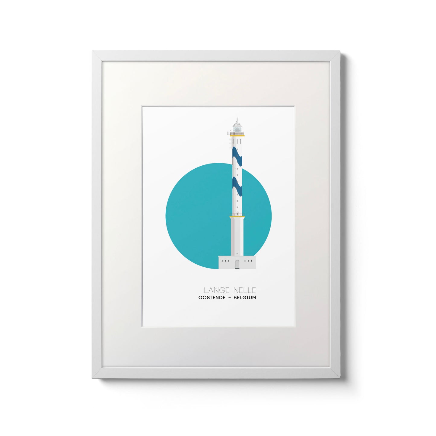 Illustration of the Lange Nelle lighthouse in Oostend, Belgium, with blue waves pattern painted onto it. On a white background with aqua blue circle as a backdrop, framed and measuring 30x40cm.