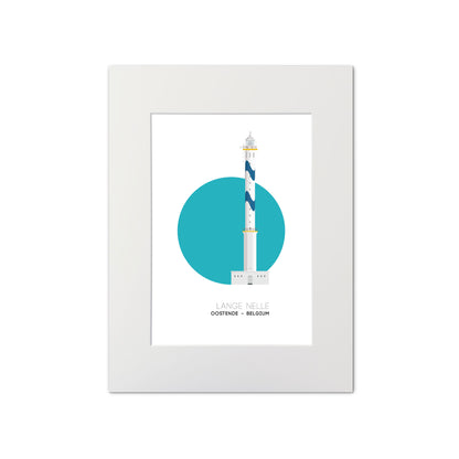 Illustration of the Lange Nelle lighthouse in Oostend, Belgium, with blue waves pattern painted onto it. On a white background with aqua blue circle as a backdrop, mounted and measuring 30x40cm.