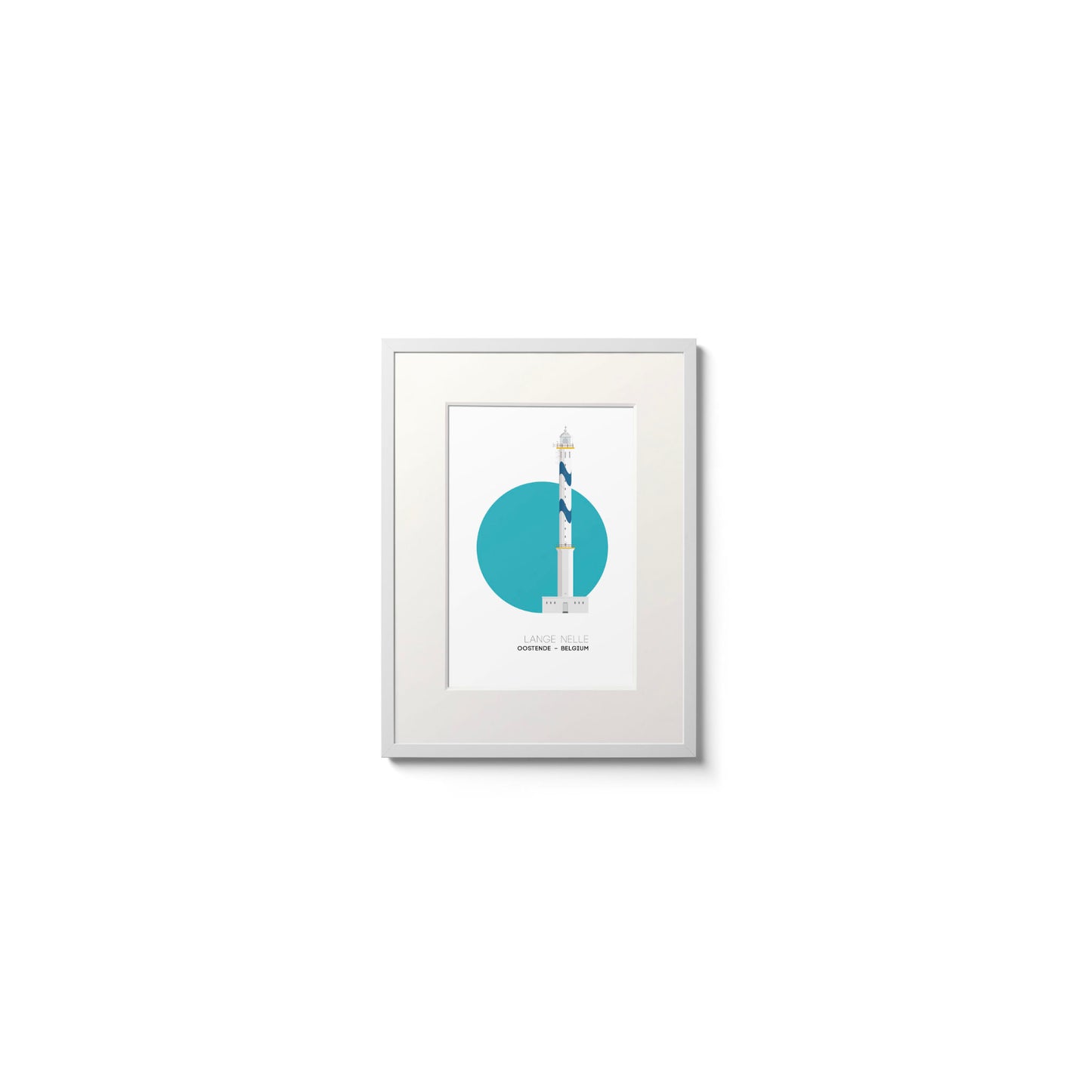 Illustration of the Lange Nelle lighthouse in Oostend, Belgium, with blue waves pattern painted onto it. On a white background with aqua blue circle as a backdrop, framed and measuring 15x20cm.