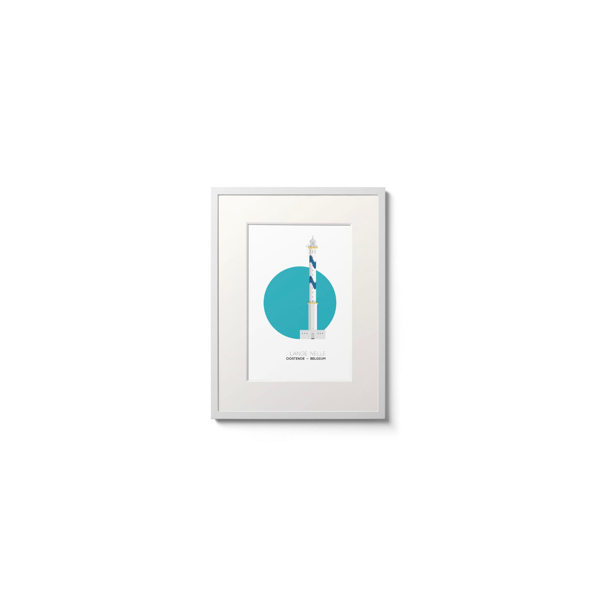 Illustration of the Lange Nelle lighthouse in Oostend, Belgium, with blue waves pattern painted onto it. On a white background with aqua blue circle as a backdrop, framed and measuring 15x20cm.