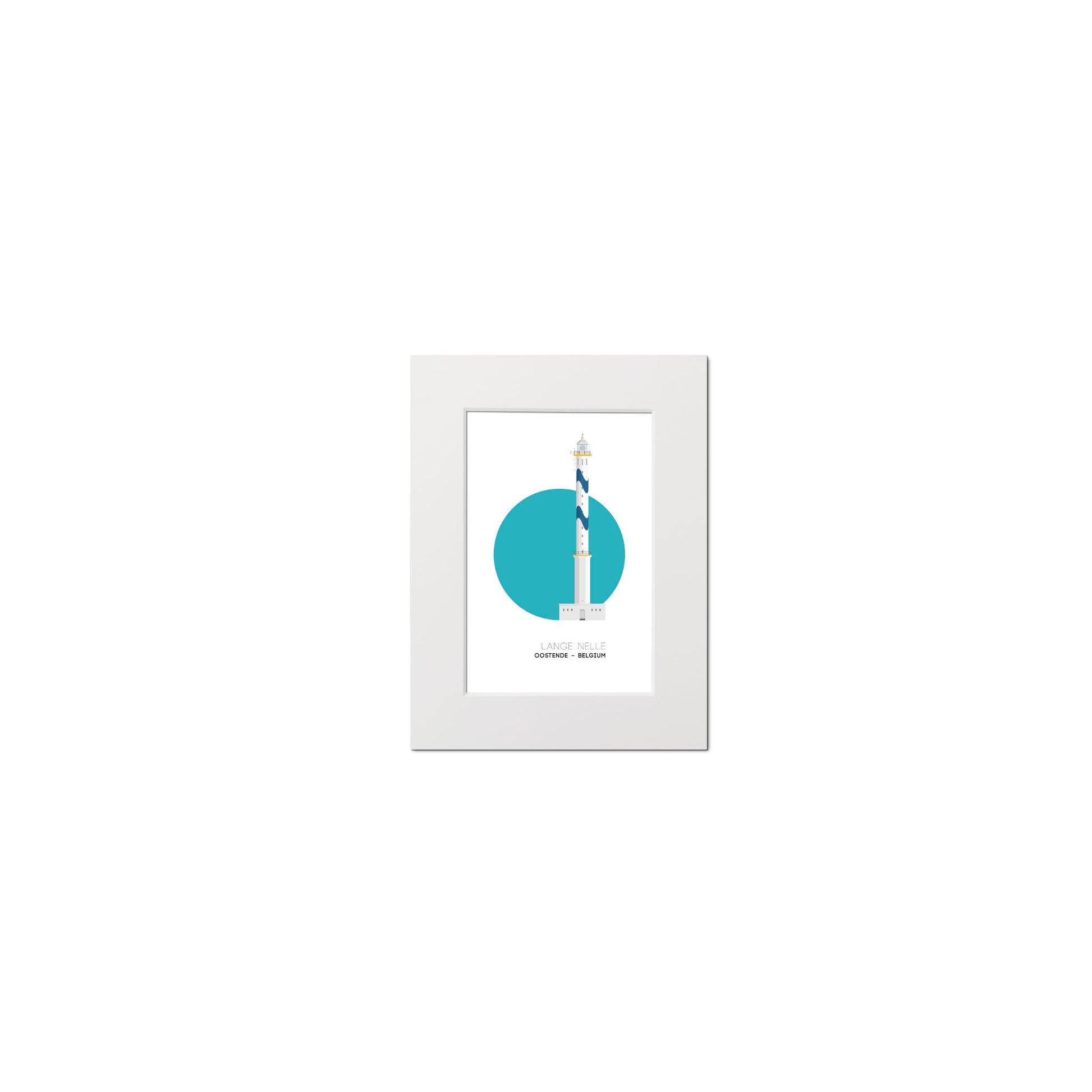 Illustration of the Lange Nelle lighthouse in Oostend, Belgium, with blue waves pattern painted onto it. On a white background with aqua blue circle as a backdrop, mounted and measuring 15x20cm.