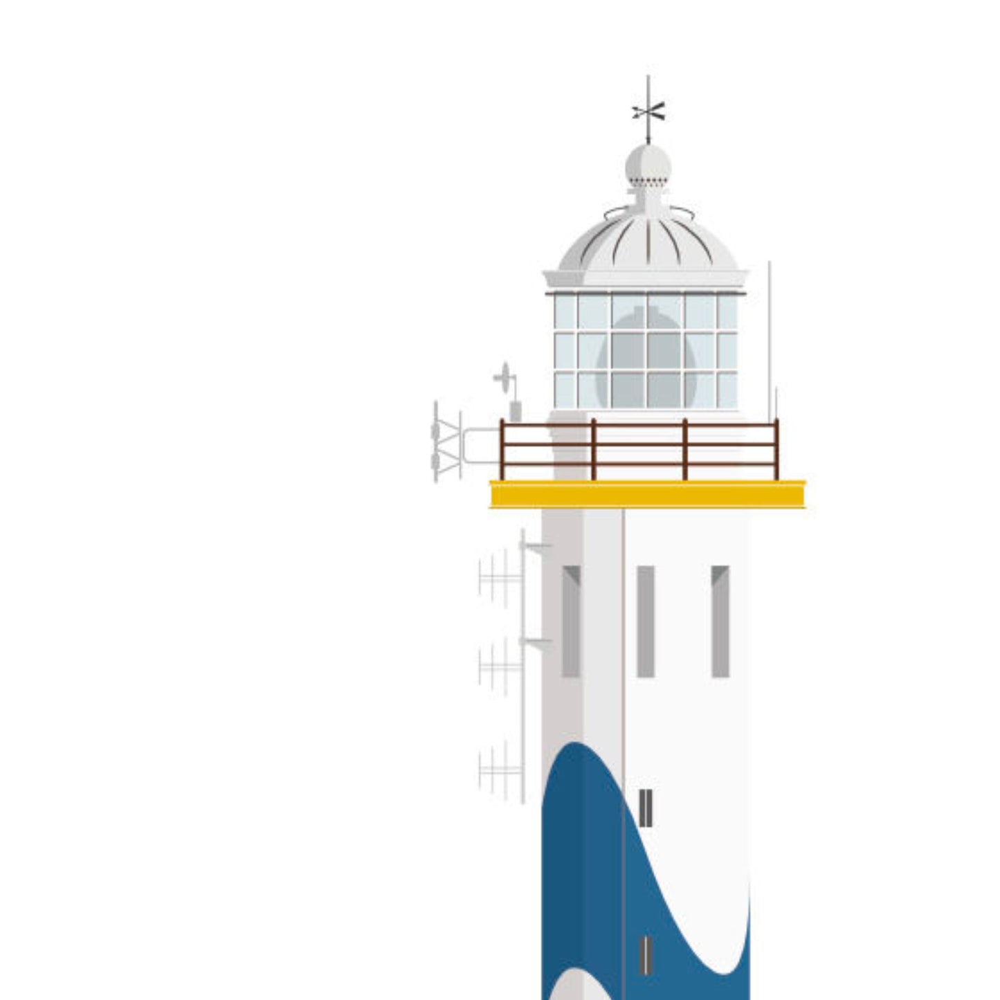 Detail of the Lange Nelle lighthouse in Oostend, Belgium, with blue waves pattern painted onto it. On a white background with aqua blue circle as a backdrop.