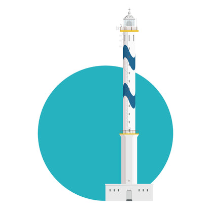 Illustration of the Lange Nelle lighthouse in Oostend, Belgium, with blue waves pattern painted onto it. On a white background with aqua blue circle as a backdrop.