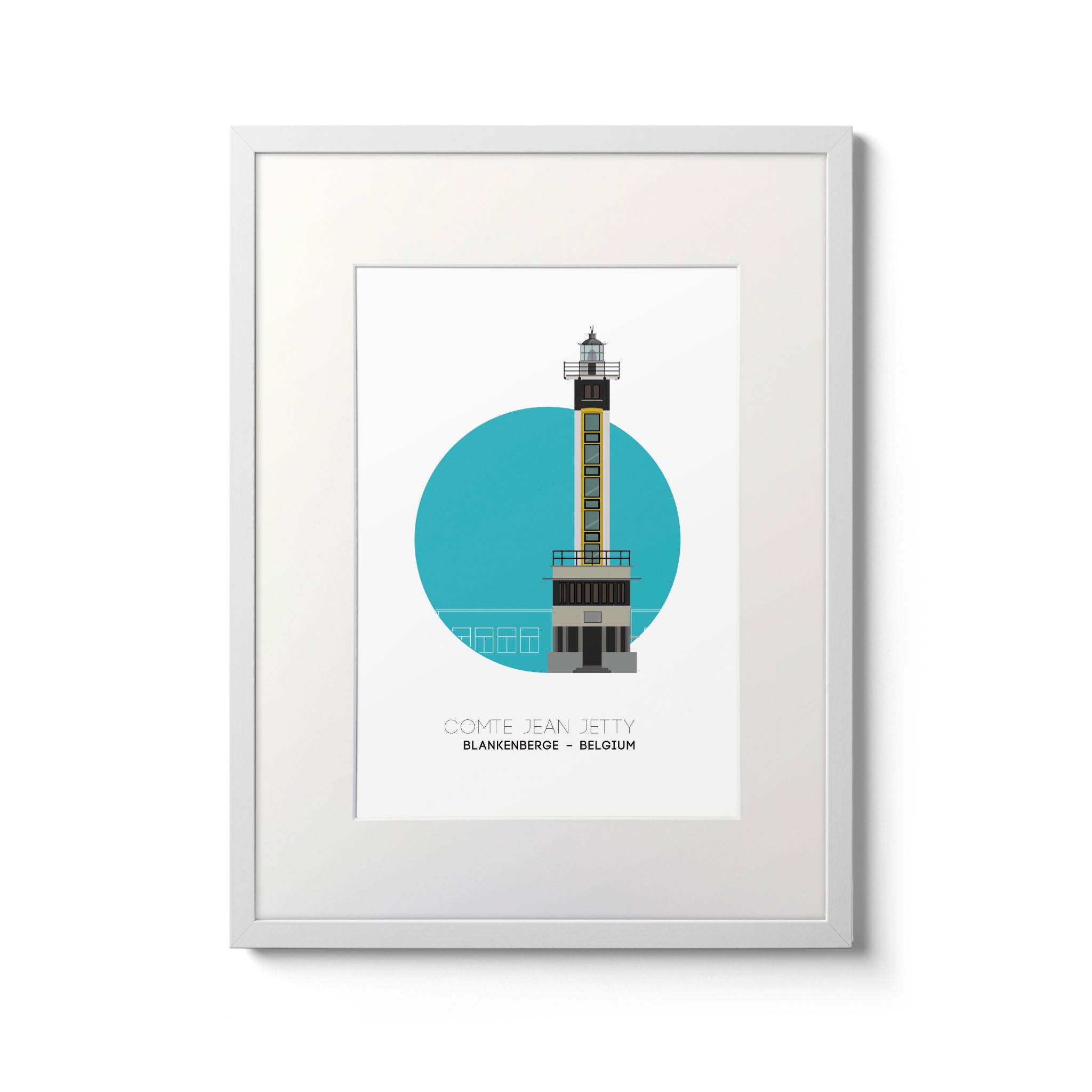 Illustration of the Compte Jean Jetty lighthouse, Blankenberge Belgium. On a white background with aqua blue circle as a backdrop, framed and measuring 30x40cm.