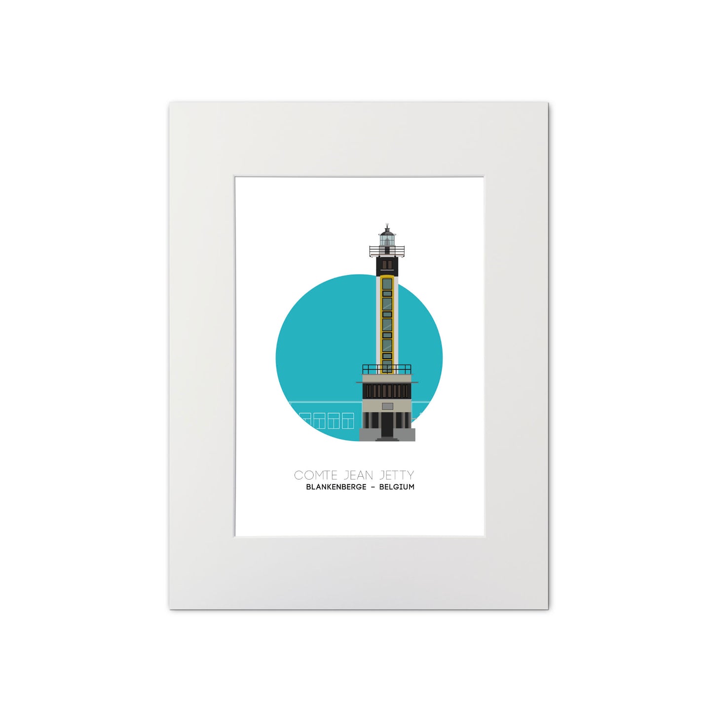 Illustration of the Compte Jean Jetty lighthouse, Blankenberge Belgium. On a white background with aqua blue circle as a backdrop, mounted and measuring 30x40cm.