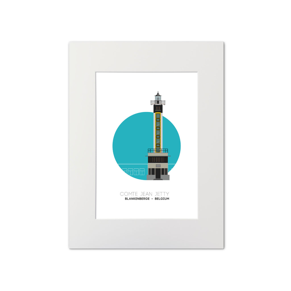 Illustration of the Compte Jean Jetty lighthouse, Blankenberge Belgium. On a white background with aqua blue circle as a backdrop, mounted and measuring 30x40cm.