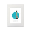 Illustration of the Compte Jean Jetty lighthouse, Blankenberge Belgium. On a white background with aqua blue circle as a backdrop, mounted and measuring 30x40cm.