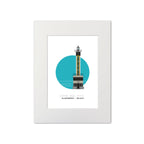 Illustration of the Compte Jean Jetty lighthouse, Blankenberge Belgium. On a white background with aqua blue circle as a backdrop, mounted and measuring 30x40cm.