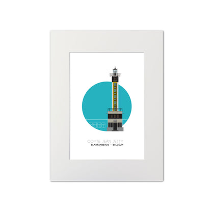 Illustration of the Compte Jean Jetty lighthouse, Blankenberge Belgium. On a white background with aqua blue circle as a backdrop, mounted and measuring 30x40cm.
