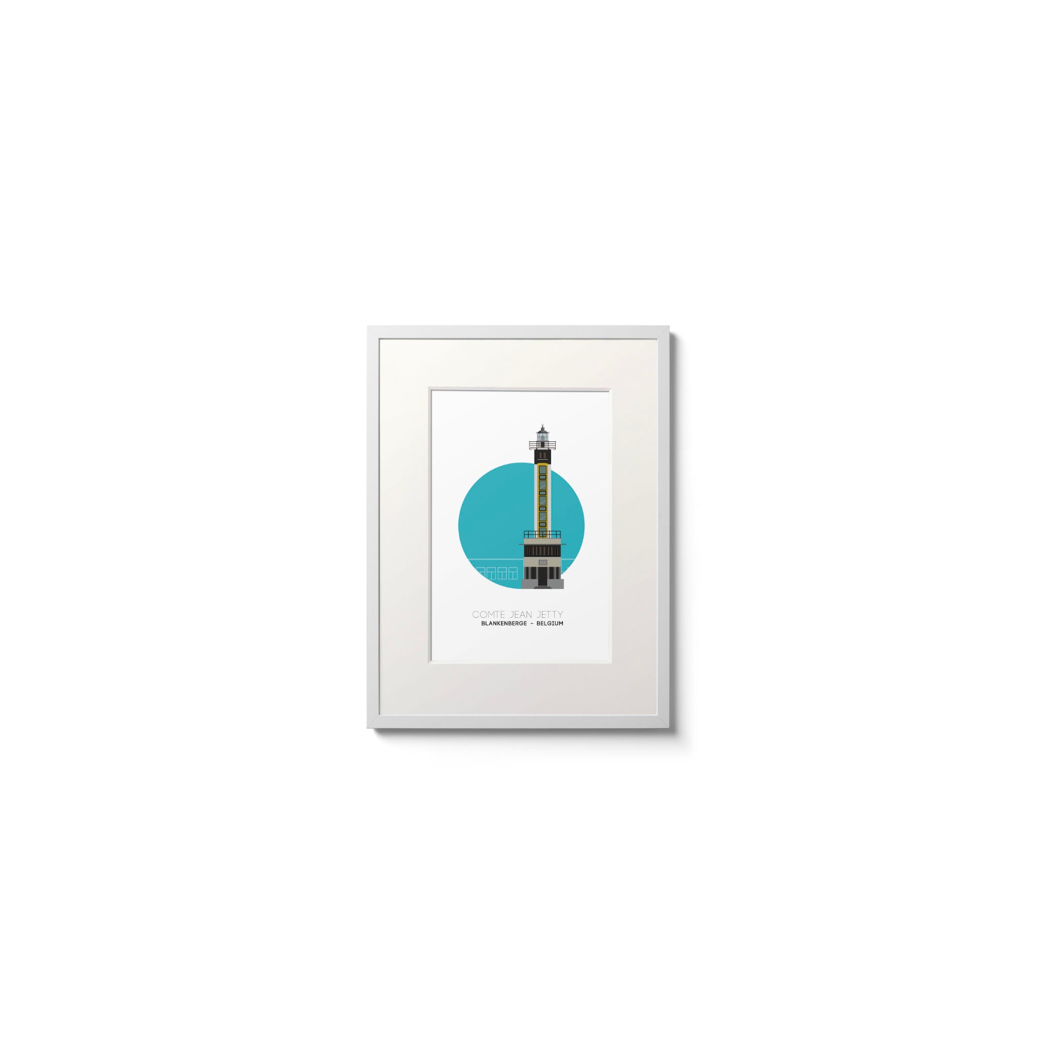 Illustration of the Compte Jean Jetty lighthouse, Blankenberge Belgium. On a white background with aqua blue circle as a backdrop, framed and measuring 15x20cm.