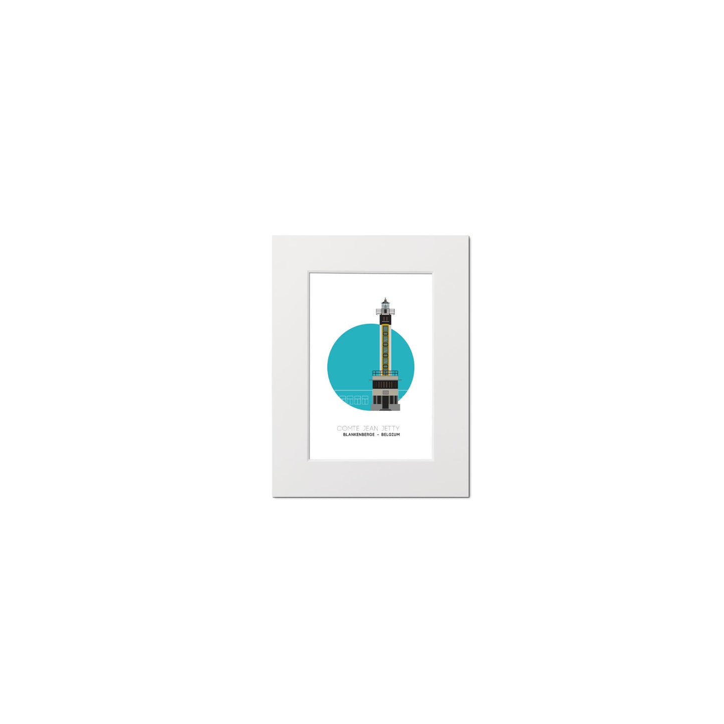 Illustration of the Compte Jean Jetty lighthouse, Blankenberge Belgium. On a white background with aqua blue circle as a backdrop, mounted and measuring 15x20cm.