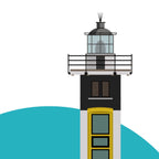 Detail of the Compte Jean Jetty lighthouse, Blankenberge Belgium. On a white background with aqua blue circle as a backdrop.