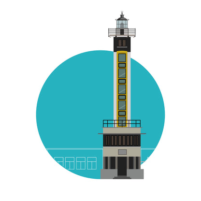 Illustration of the Compte Jean Jetty lighthouse, Blankenberge Belgium. On a white background with aqua blue circle as a backdrop.