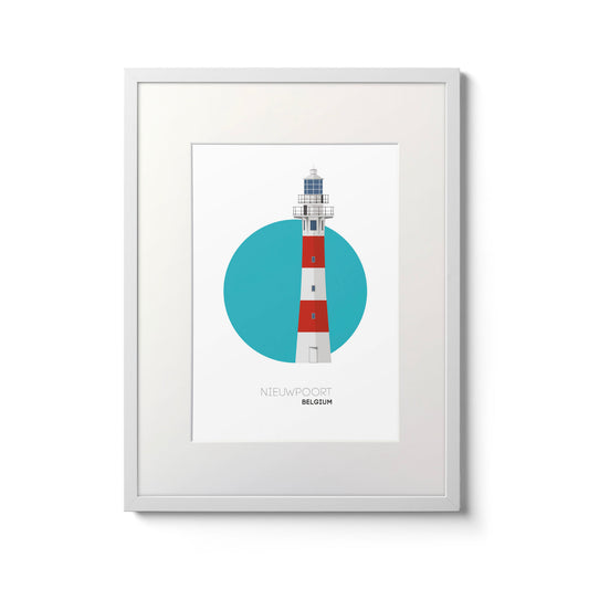 Illustration of the Nieuwpoort lighthouse, Belgium. On a white background with aqua blue circle as a backdrop, framed and measuring 30x40cm.