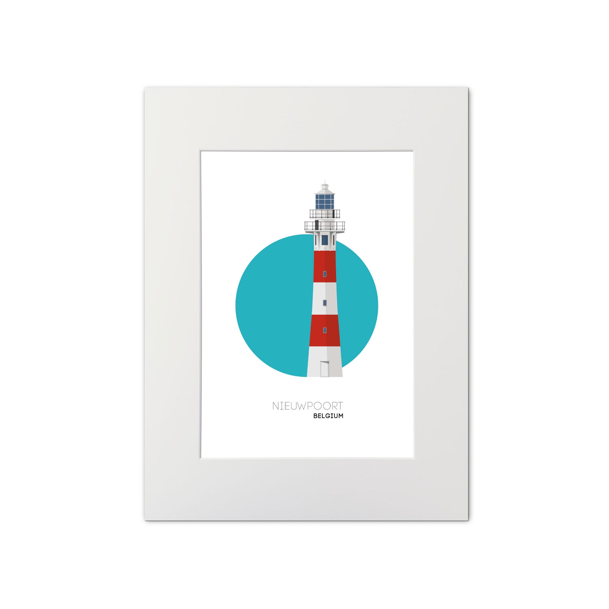 Illustration of the Nieuwpoort lighthouse, Belgium. On a white background with aqua blue circle as a backdrop, mounted and measuring 30x40cm.