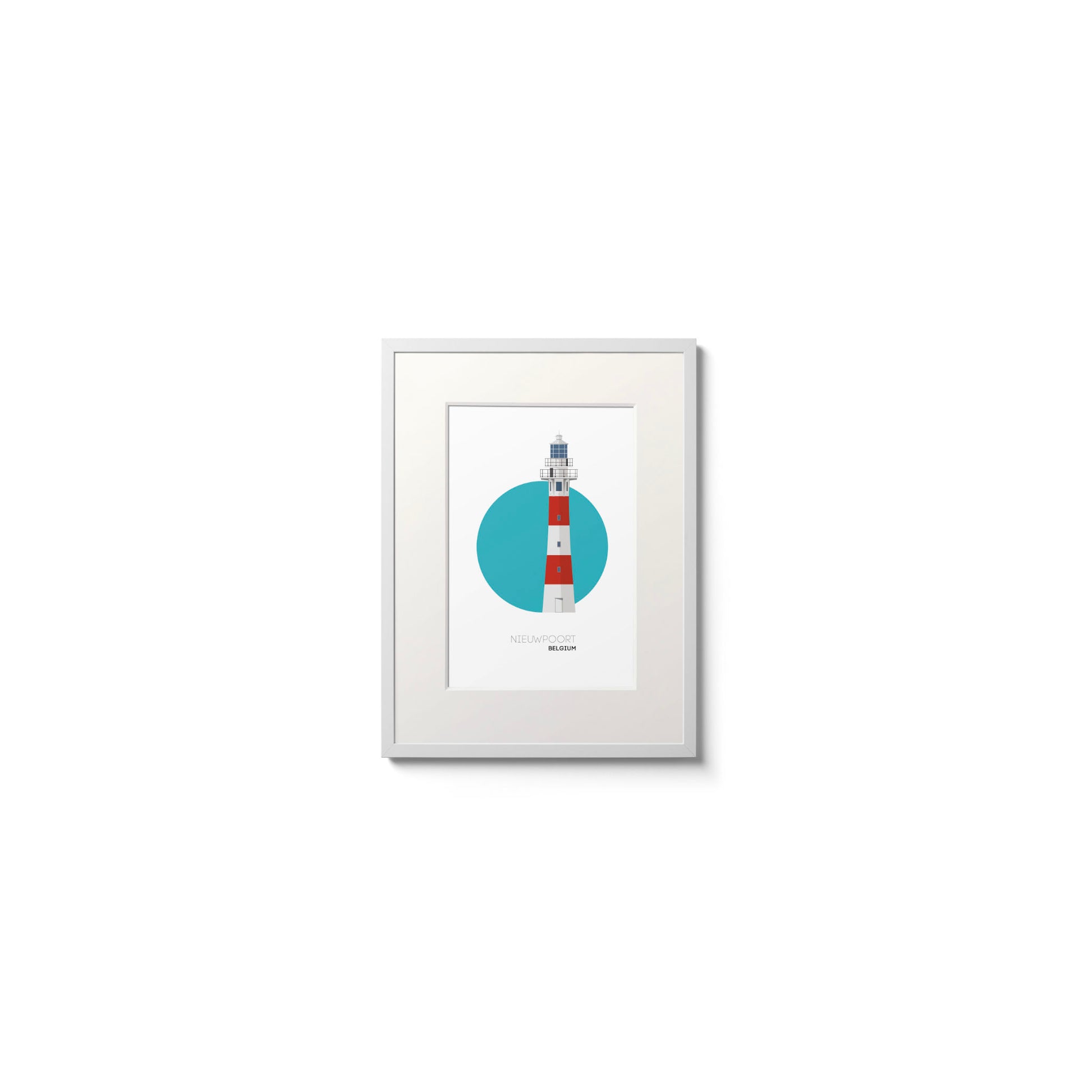 Illustration of the Nieuwpoort lighthouse, Belgium. On a white background with aqua blue circle as a backdrop, framed and measuring 15x20cm.
