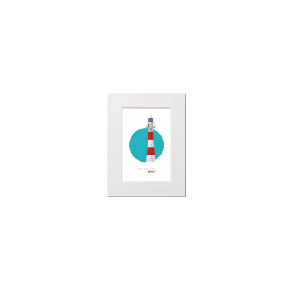 Illustration of the Nieuwpoort lighthouse, Belgium. On a white background with aqua blue circle as a backdrop, mounted and measuring 15x20cm.