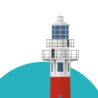 Detail of the Nieuwpoort lighthouse, Belgium. On a white background with aqua blue circle as a backdrop.