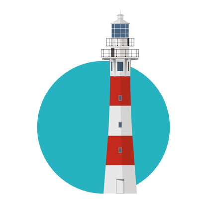 Illustration of the Nieuwpoort lighthouse, Belgium. On a white background with aqua blue circle as a backdrop.