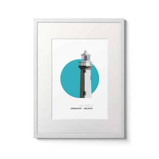 De Môle lighthouse, Zeebrugge Belgium. On a white background with aqua blue circle as a backdrop, framed and measuring 30x40cm.