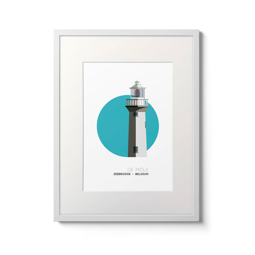 De Môle lighthouse, Zeebrugge Belgium. On a white background with aqua blue circle as a backdrop, framed and measuring 30x40cm.