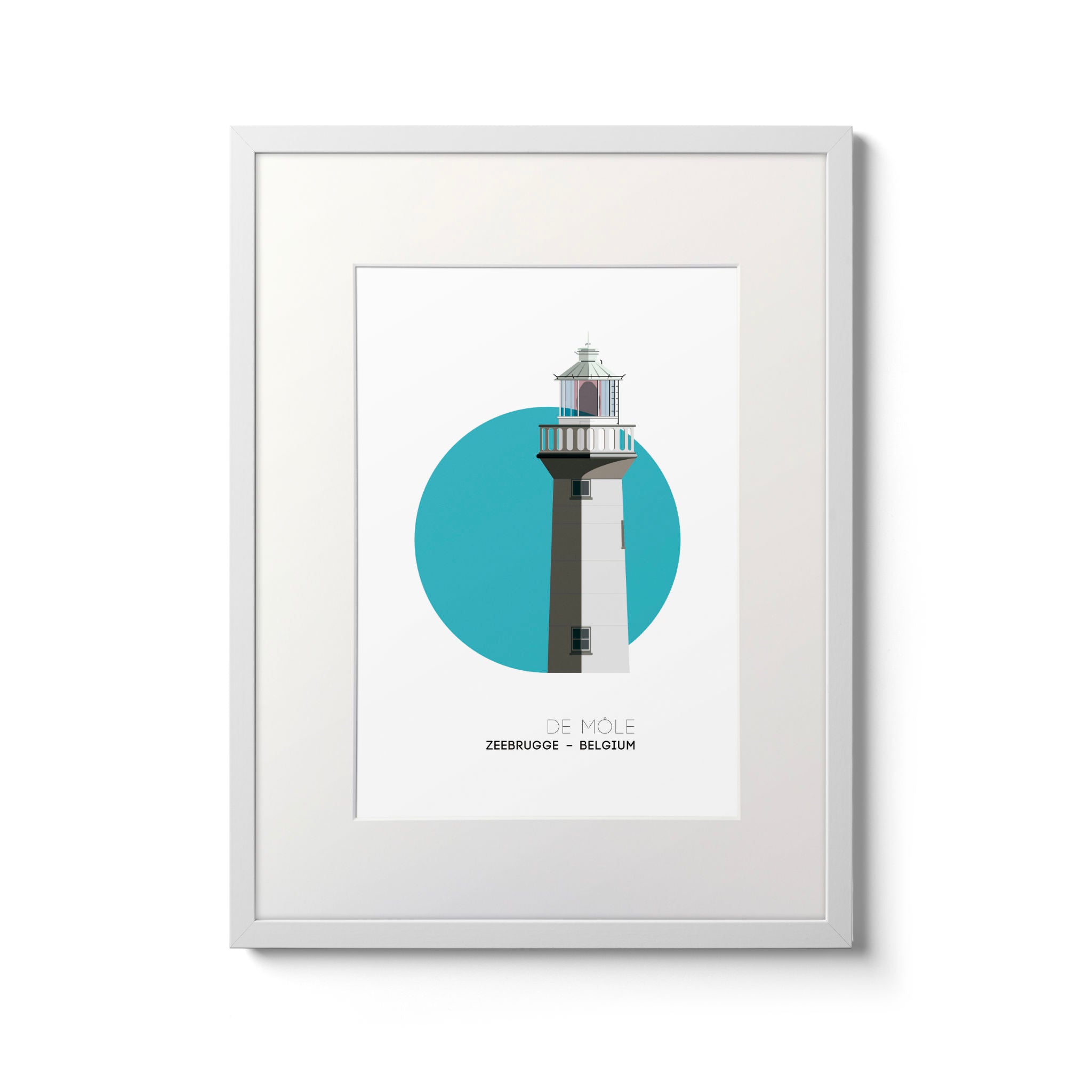 De Môle lighthouse, Zeebrugge Belgium. On a white background with aqua blue circle as a backdrop, framed and measuring 30x40cm.