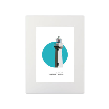 De Môle lighthouse, Zeebrugge Belgium. On a white background with aqua blue circle as a backdrop, mounted and measuring 30x40cm.