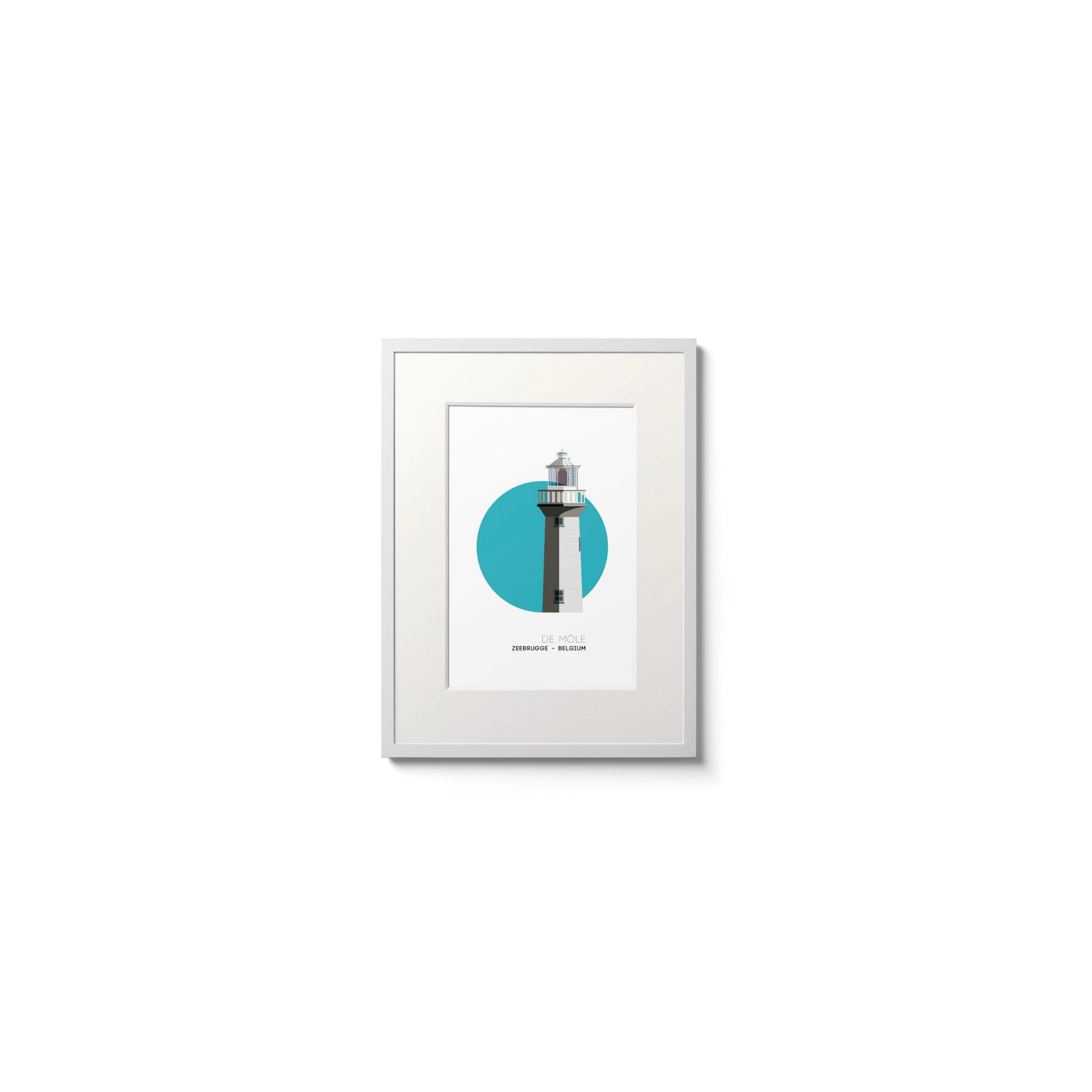De Môle lighthouse, Zeebrugge Belgium. On a white background with aqua blue circle as a backdrop, framed and measuring 15x20cm.