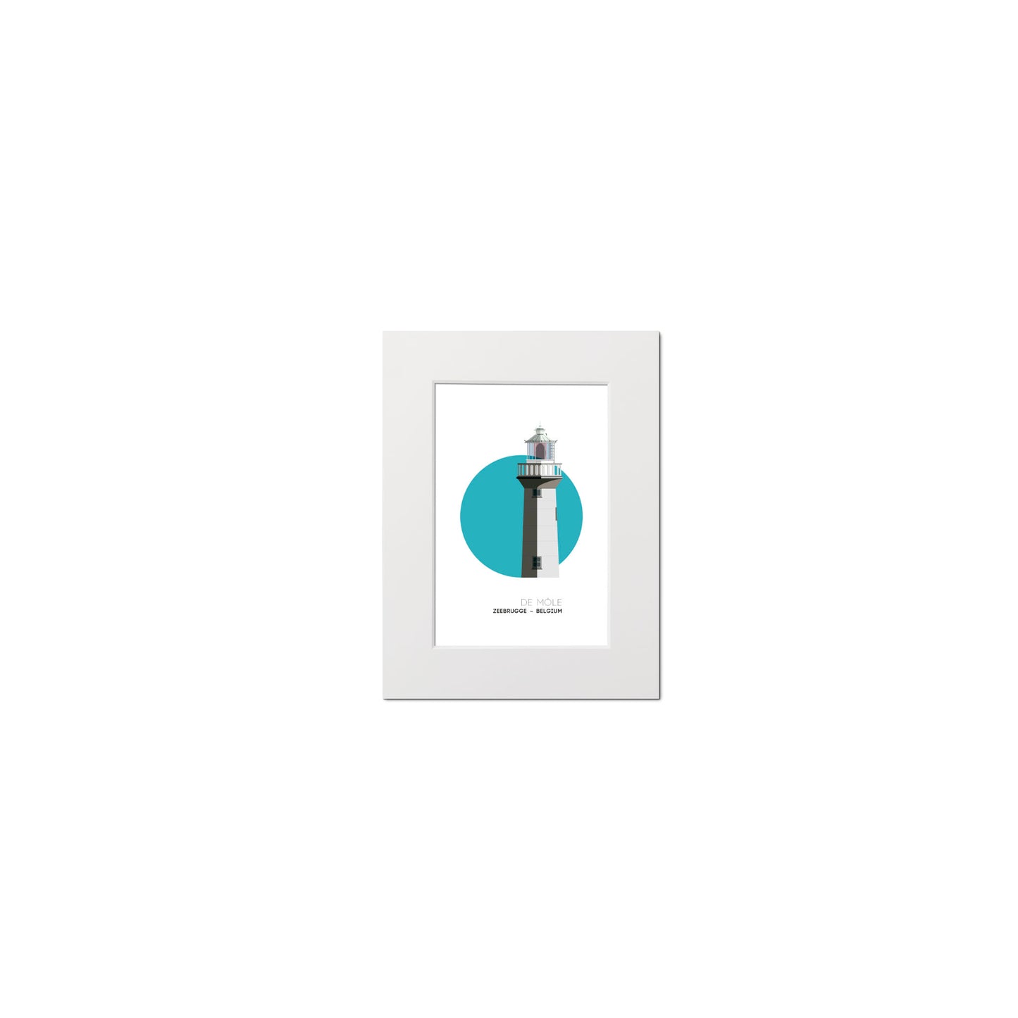 De Môle lighthouse, Zeebrugge Belgium. On a white background with aqua blue circle as a backdrop, mounted and measuring 15x20cm.