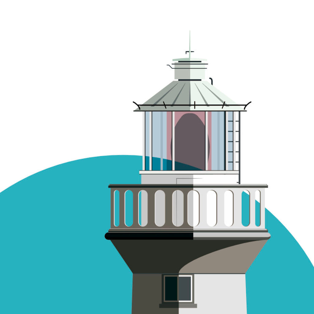 Detail of de Môle lighthouse, Zeebrugge Belgium. On a white background with aqua blue circle as a backdrop.