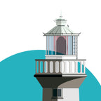 Detail of de Môle lighthouse, Zeebrugge Belgium. On a white background with aqua blue circle as a backdrop.