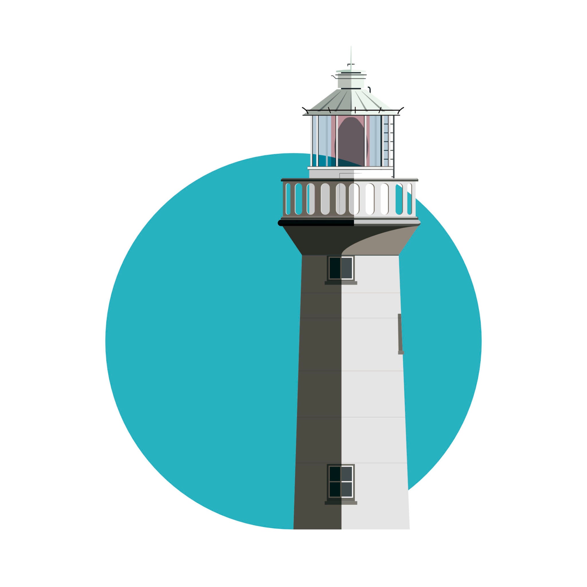 De Môle lighthouse, Zeebrugge Belgium. On a white background with aqua blue circle as a backdrop.