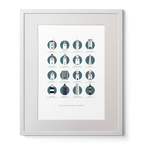 Illustration of the Great Lighthouses of Ireland on a white background inside light blue squares,  in a white frame measuring 40x50cm.