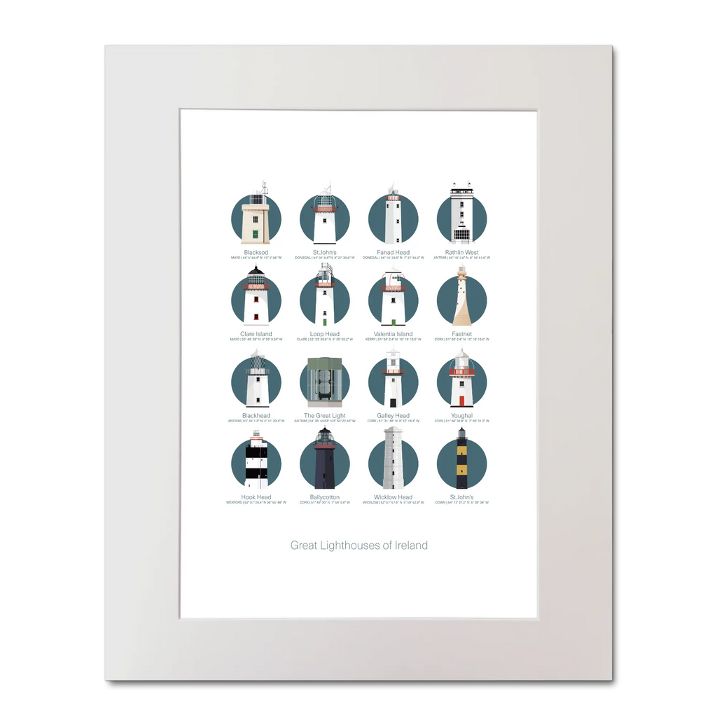 Illustration of the Great Lighthouses of Ireland on a white background inside light blue squares, mounted and measuring 40x50cm.