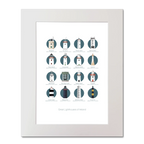 Illustration of the Great Lighthouses of Ireland on a white background inside light blue squares, mounted and measuring 40x50cm.