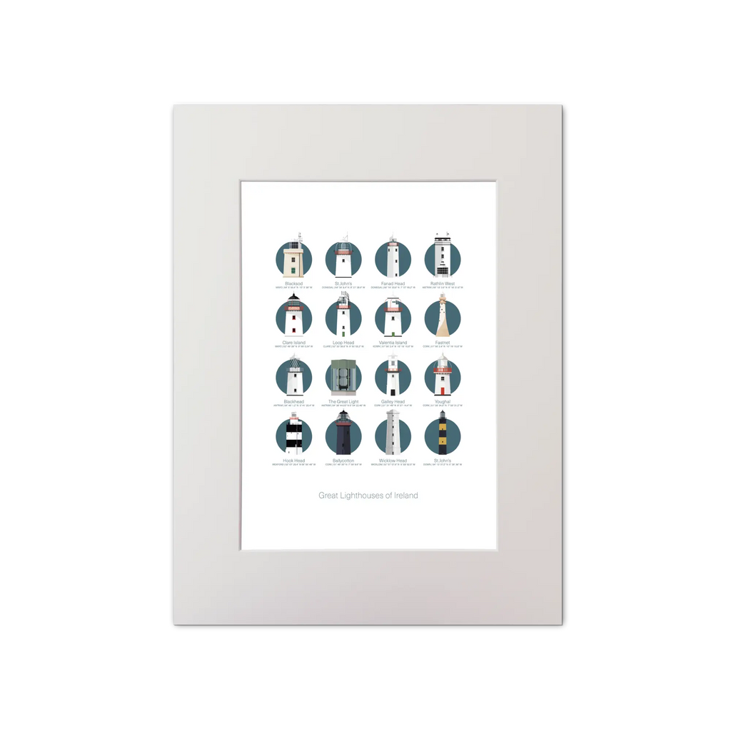 Illustration of the Great Lighthouses of Ireland on a white background inside light blue squares, mounted and measuring 30x40cm.