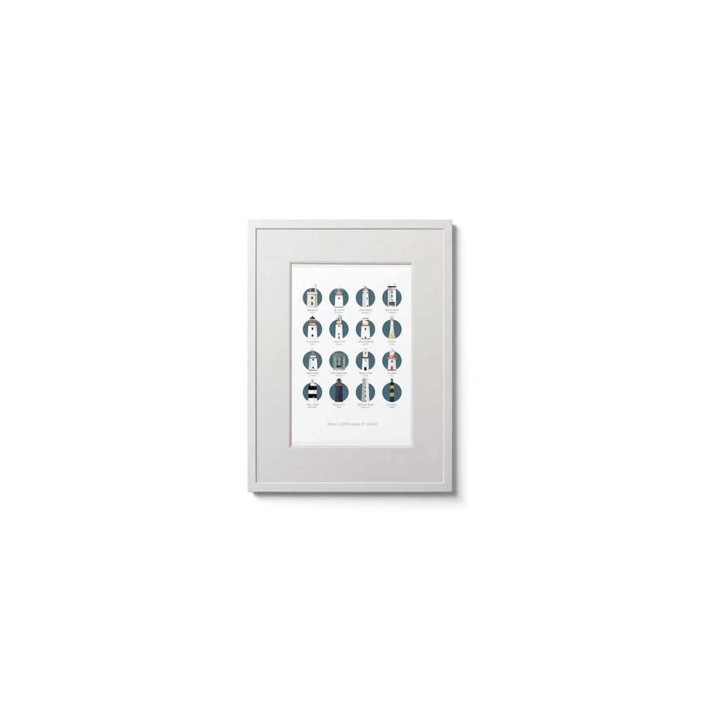 Illustration of the Great Lighthouses of Ireland on a white background inside light blue squares,  in a white frame measuring 15x20cm.