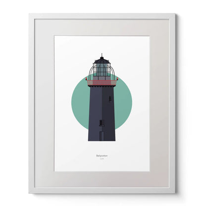 Illustration of Ballycotton lighthouse on a white background inside light blue square,  in a white frame measuring 40x50cm.