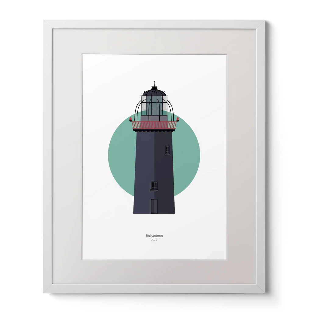 Illustration of Ballycotton lighthouse on a white background inside light blue square,  in a white frame measuring 40x50cm.