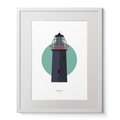 Illustration of Ballycotton lighthouse on a white background inside light blue square,  in a white frame measuring 40x50cm.