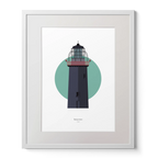 Illustration of Ballycotton lighthouse on a white background inside light blue square,  in a white frame measuring 40x50cm.