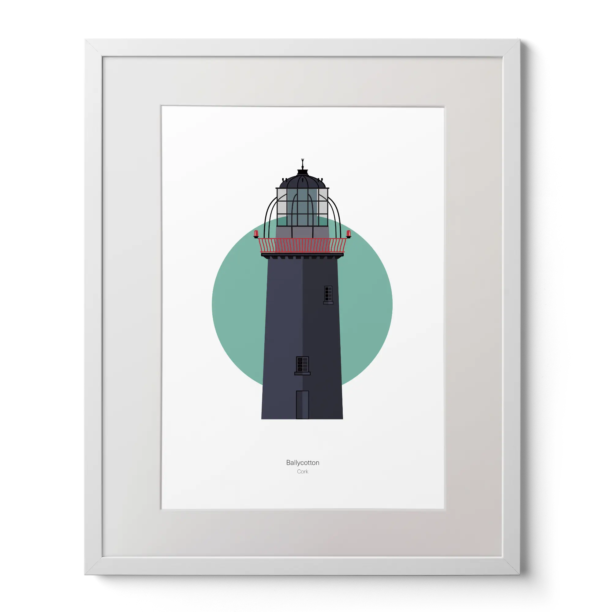 Illustration of Ballycotton lighthouse on a white background inside light blue square,  in a white frame measuring 40x50cm.